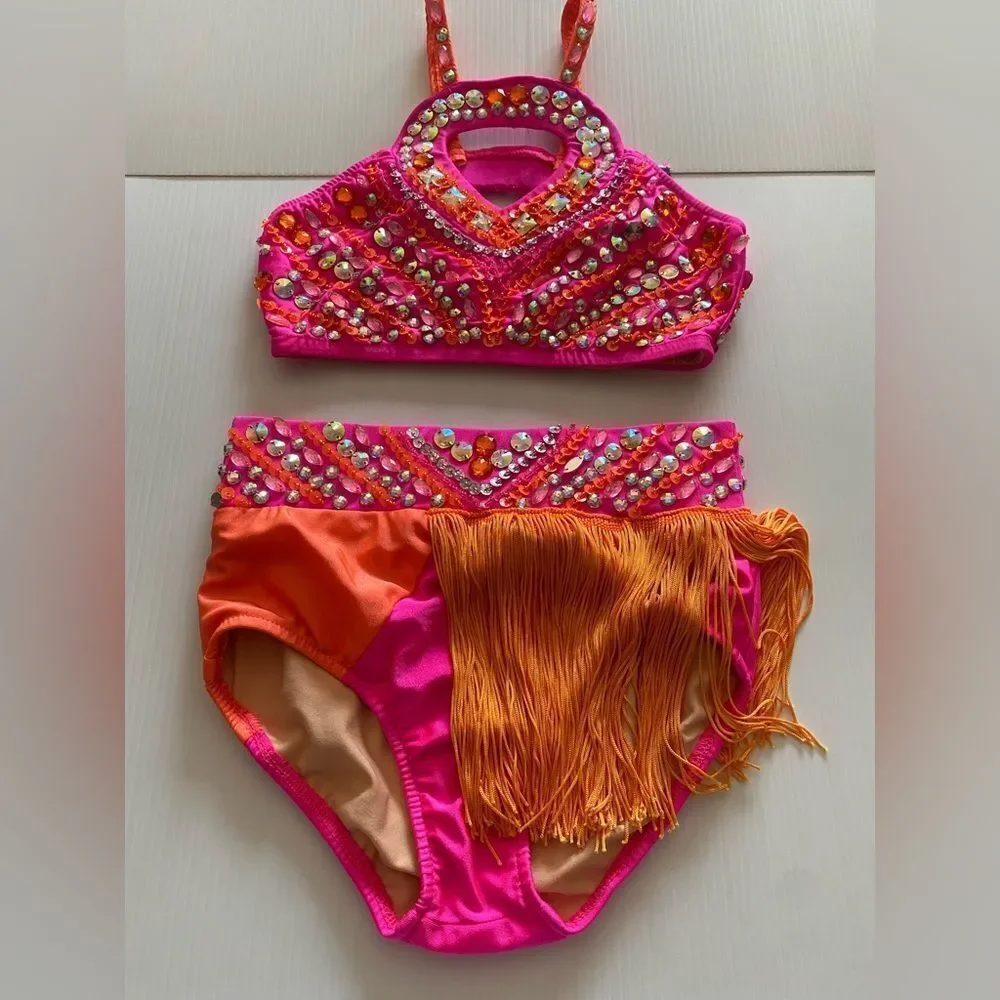 Glamour dance solo costume neon orange fringe rhinestone 2 piece LC-large child